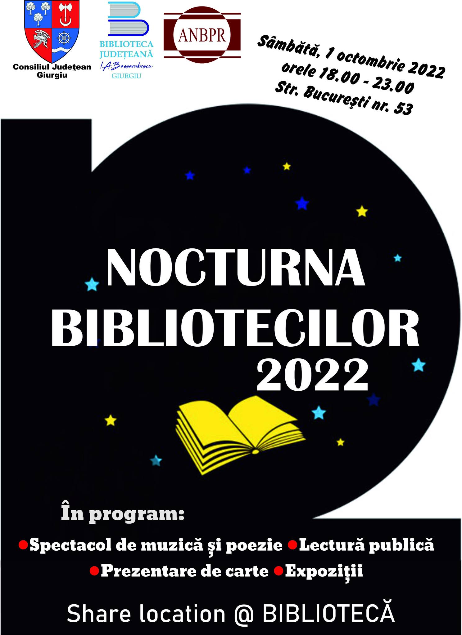 NOCTURNA BIBLIOTECII, ediția a XIII-a 1 OCTOMBRIE 2022, în intervalul orar 18.00-23.00