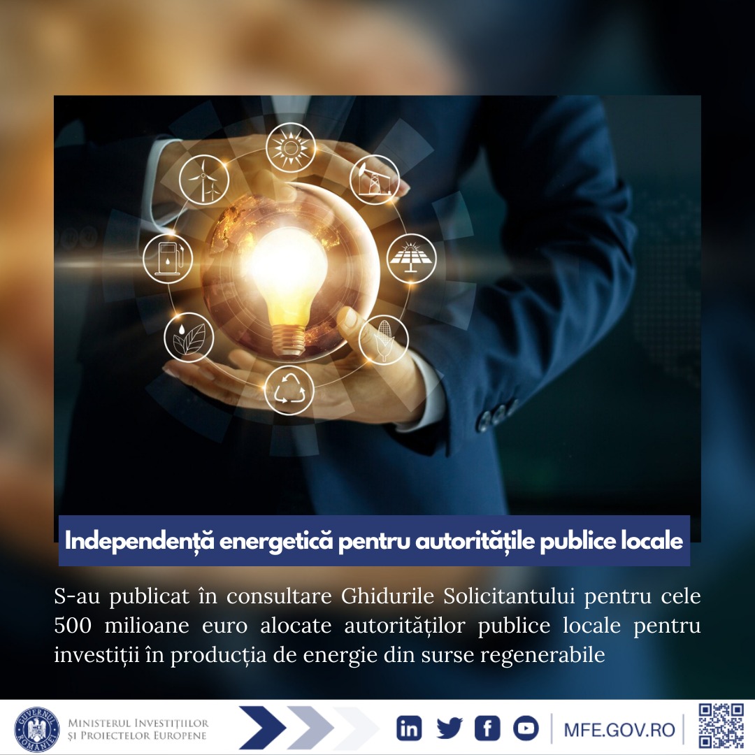 Primăriile din România au posibilitatea să acceseze fonduri europene pentru a finanța producția de energie din surse regenerabile