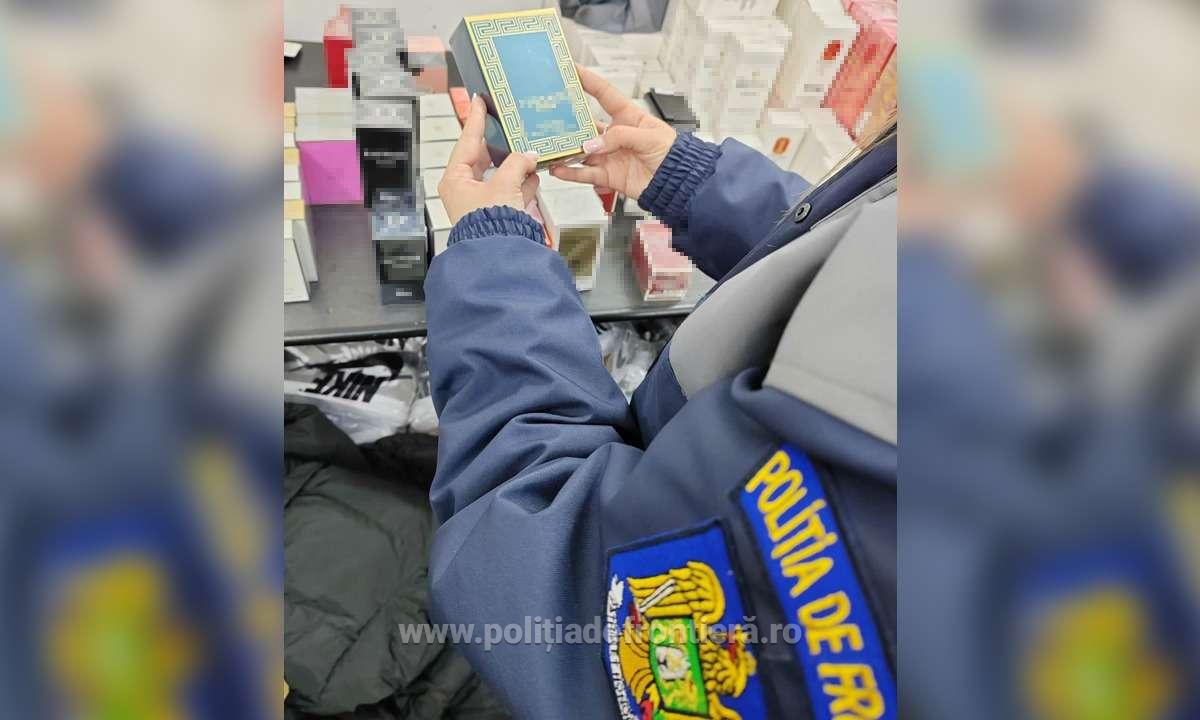 Articole vestimentare, marochinărie și parfumerie, susceptibile a fi contrafăcute, descoperite în P.T.F. Giurgiu