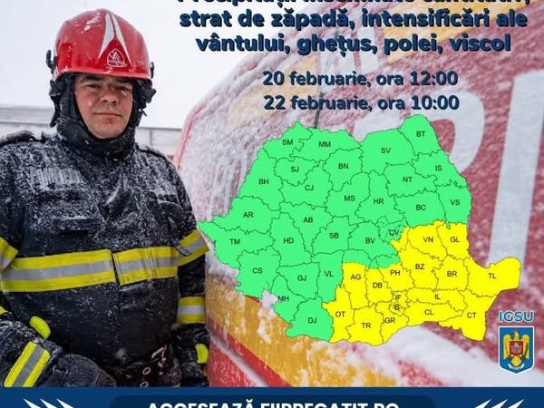 COD GALBEN de intensificări ale vântului, precipitații însemnate cantitativ, ghețuș, polei, ninsori și viscol