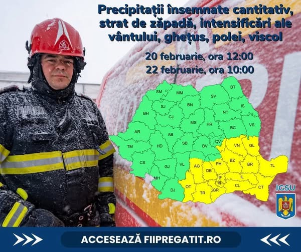 COD GALBEN de intensificări ale vântului, precipitații însemnate cantitativ, ghețuș, polei, ninsori și viscol