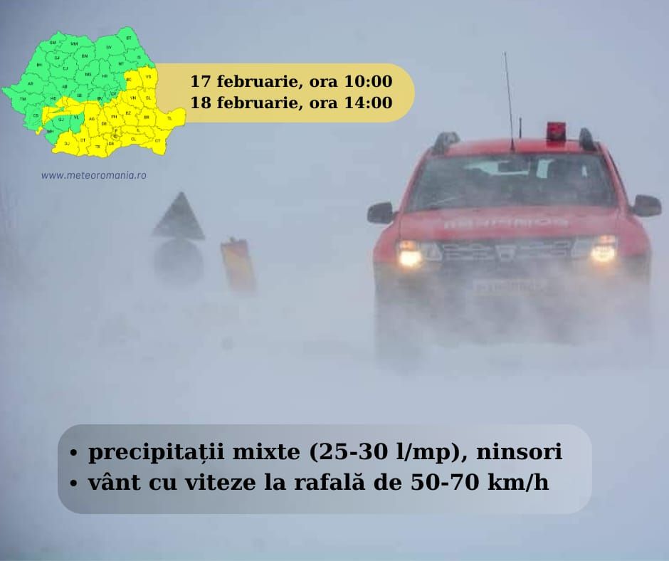 Cod galben de precipitații mixte, ninsori și vânt